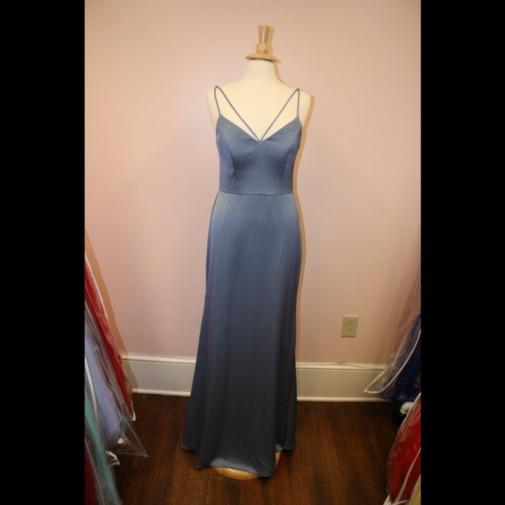Hayley Paige Occasions 52254 Formal Steel Blue Satin Long Bridesmaid Dress 8